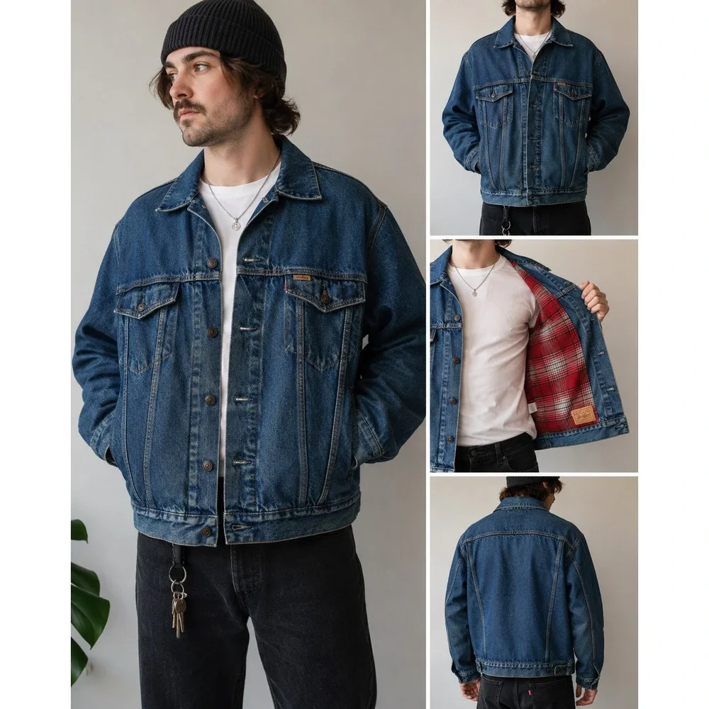 Vtg 90s Levis Denim Blue Jean Jacket Men XL Plaid Flannel Lined USA Cotton Heavy